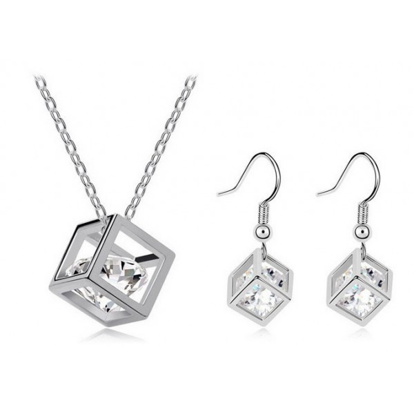 Rhodium Plated Crystal Cube & Matching Crystal Cube Drop Earrings