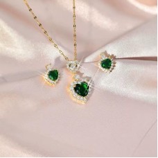 Crystal Green Heart Drop Earring and Necklace Set for Women