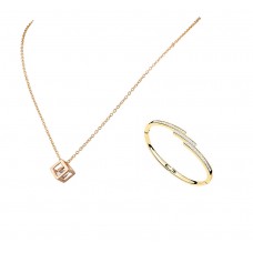 Rhodium Plated Crystal Cube Pendant and Gold plated Staggered Slim Line Bangle