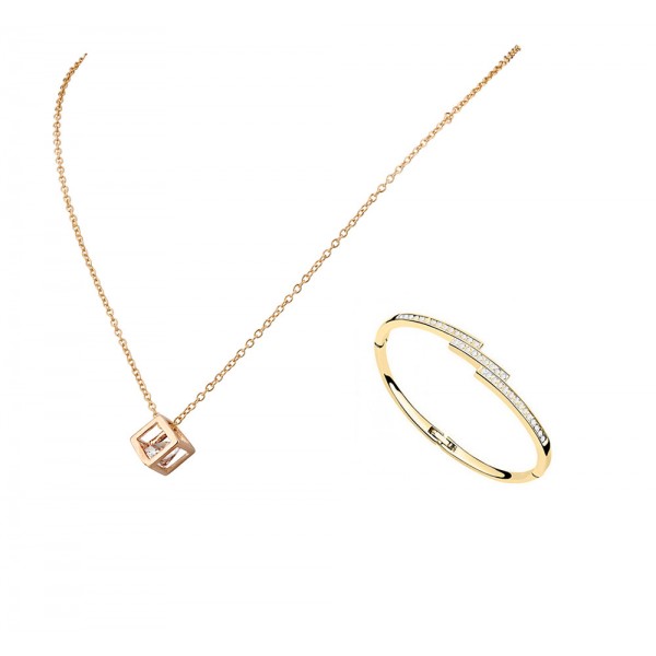 Rhodium Plated Crystal Cube Pendant and Gold plated Staggered Slim Line Bangle