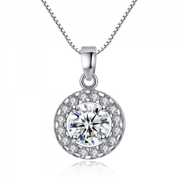 Clear Rhodium Plated Ring Circle Solitaire Pendant Made with Cubic Zirconia Crystals